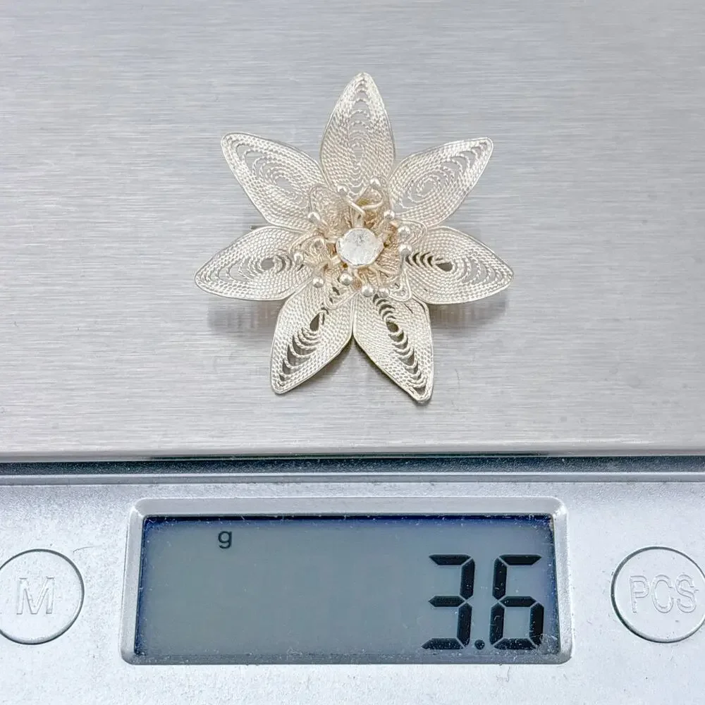 Vintage Sterling Silver 925 Filigree Flower Brooch